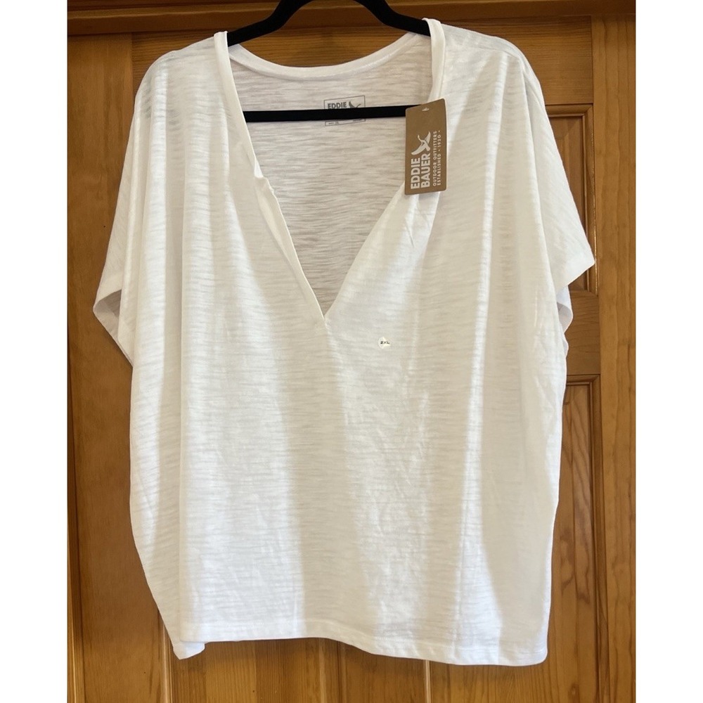 Eddie Bauer Womens 2XL White Sunny Slub Short Sleeve Notch V Neck Shirt